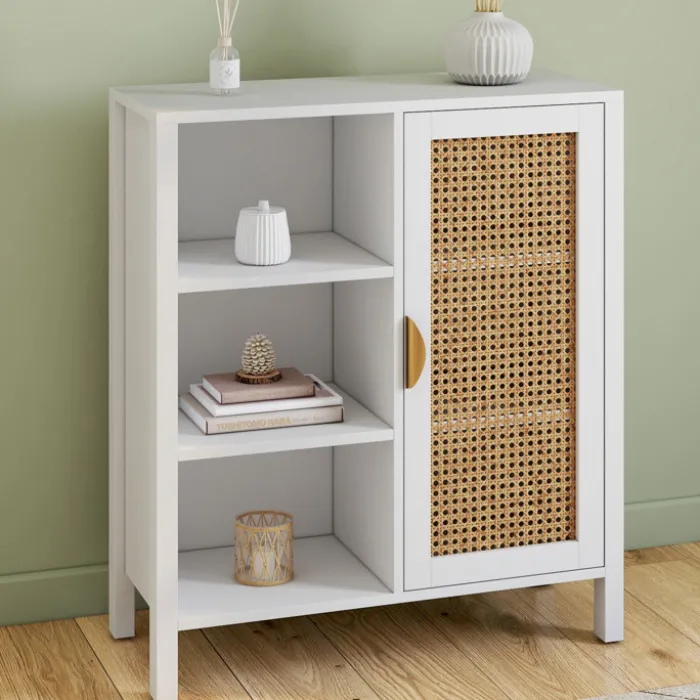 Buffet d'appoint 3 étagères et placard de 70 cm blanc avec cannage