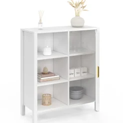 Buffet d'appoint 3 étagères et placard de 70 cm blanc avec cannage