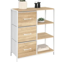 Buffet d'appoint 3 tiroirs et étagères 70 cm design industriel bois et blanc