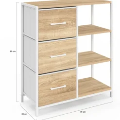 Buffet d'appoint 3 tiroirs et étagères 70 cm design industriel bois et blanc