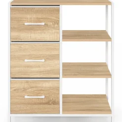 Buffet d'appoint 3 tiroirs et étagères 70 cm design industriel bois et blanc