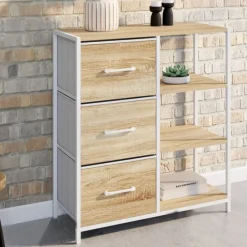 Buffet d'appoint 3 tiroirs et étagères 70 cm design industriel bois et blanc
