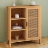 Buffet d’appoint cannage avec 3 étagères et placard 70 cm