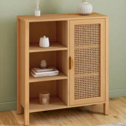 Buffet d’appoint cannage avec 3 étagères et placard 70 cm