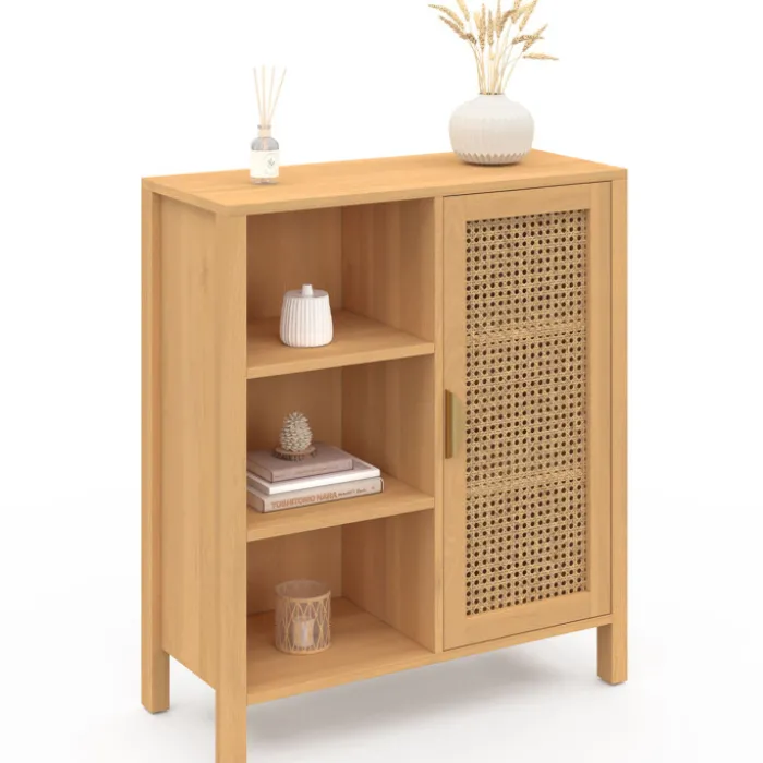 Buffet d’appoint cannage avec 3 étagères et placard 70 cm