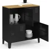Buffet d'appoint casier 70 cm 4 portes en métal noir plateau bois design industriel