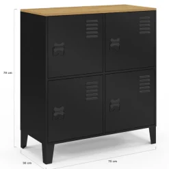 Buffet d'appoint casier 70 cm 4 portes en métal noir plateau bois design industriel