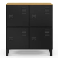 Buffet d'appoint casier 70 cm 4 portes en métal noir plateau bois design industriel