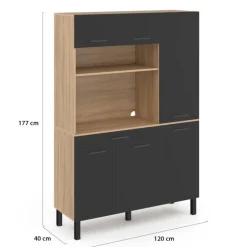 Buffet de cuisine avec rangement 120 cm façon hêtre et noir