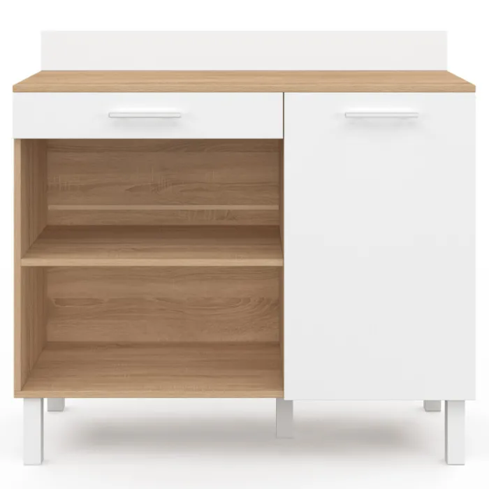 Buffet de cuisine bas 100 cm bois façon hêtre et blanc plan de travail H.83 cm