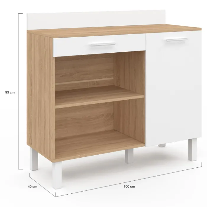 Buffet de cuisine bas 100 cm bois façon hêtre et blanc plan de travail H.83 cm
