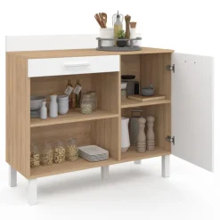 Buffet de cuisine bas 100 cm bois façon hêtre et blanc plan de travail H.83 cm