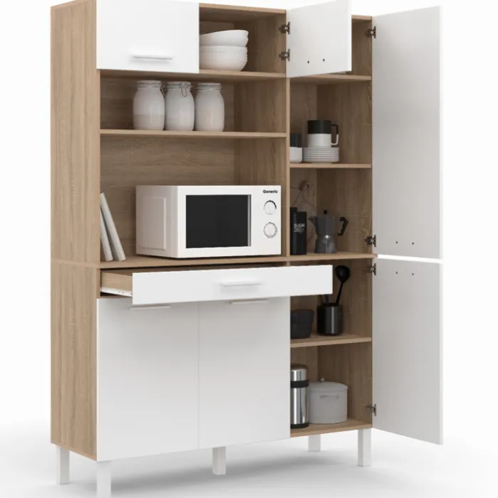 Buffet de cuisine blanc et façon hêtre avec 6 portes + tiroir