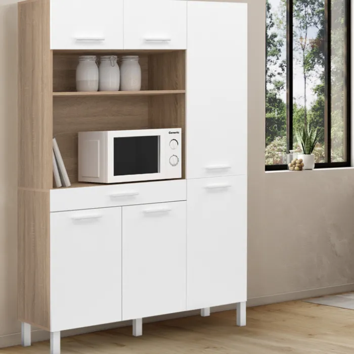 Buffet de cuisine blanc et façon hêtre avec 6 portes + tiroir
