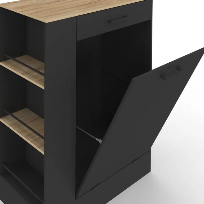 Buffet de cuisine compact 90 cm avec espace poubelle, tablette rabattable, 1 tiroir et 3 étagères latérales bois et noir