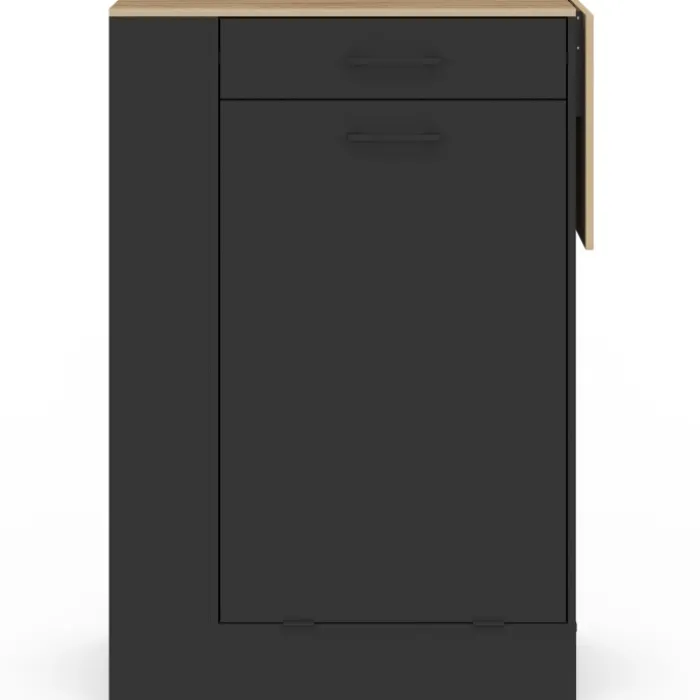 Buffet de cuisine compact 90 cm avec espace poubelle, tablette rabattable, 1 tiroir et 3 étagères latérales bois et noir