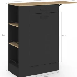 Buffet de cuisine compact 90 cm avec espace poubelle, tablette rabattable, 1 tiroir et 3 étagères latérales bois et noir