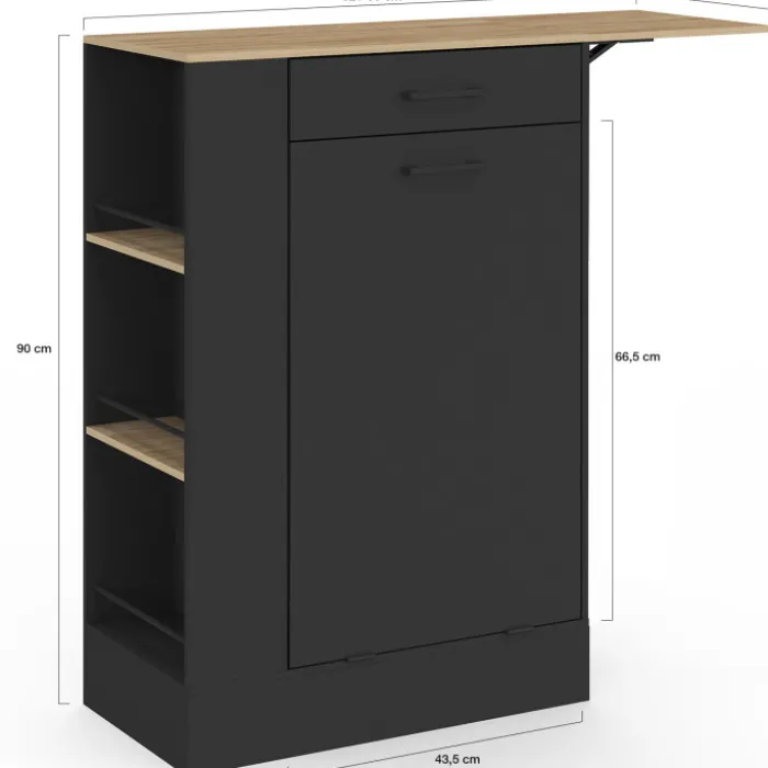 Buffet de cuisine compact 90 cm avec espace poubelle, tablette rabattable, 1 tiroir et 3 étagères latérales bois et noir