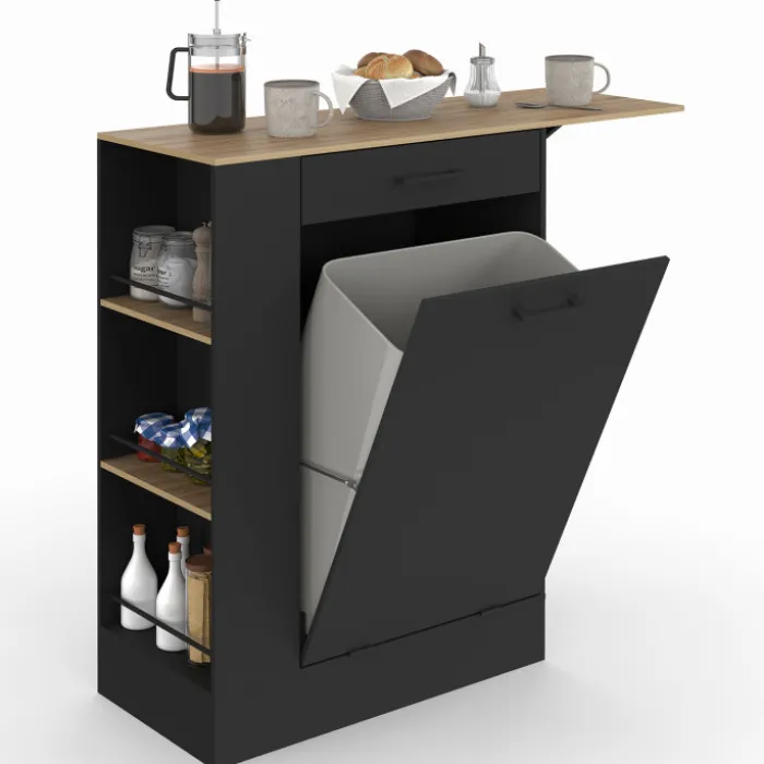 Buffet de cuisine compact 90 cm avec espace poubelle, tablette rabattable, 1 tiroir et 3 étagères latérales bois et noir