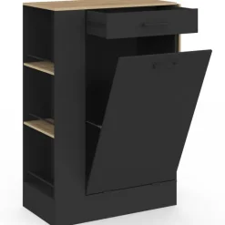 Buffet de cuisine compact 90 cm avec espace poubelle, tablette rabattable, 1 tiroir et 3 étagères latérales bois et noir