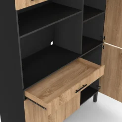 Buffet de cuisine noir et façon hêtre avec 6 portes + tiroir