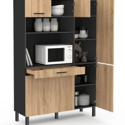 Buffet de cuisine noir et façon hêtre avec 6 portes + tiroir