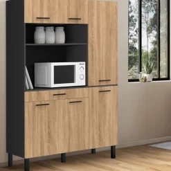 Buffet de cuisine noir et façon hêtre avec 6 portes + tiroir