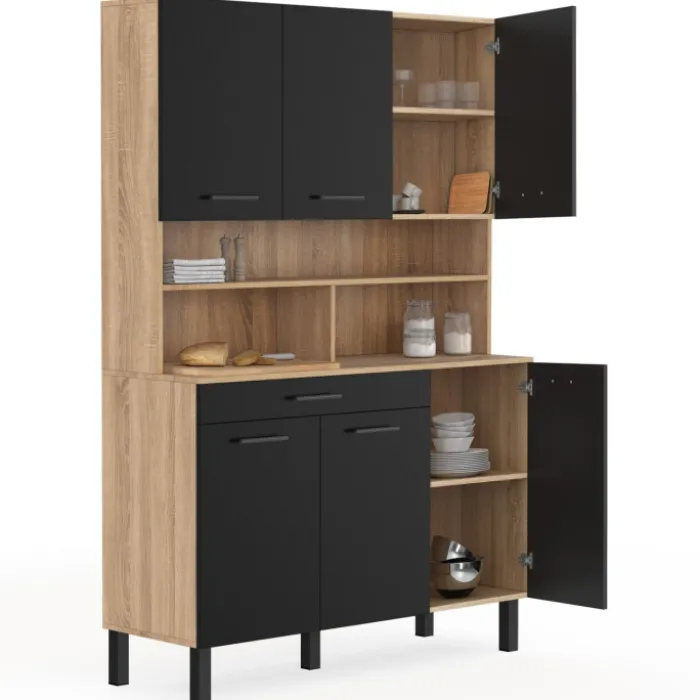 Buffet de cuisine noir et bois 120 cm