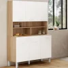 Buffet de cuisine vaisselier blanc et bois façon hêtre 120 cm