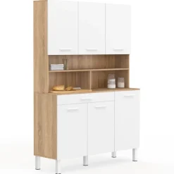 Buffet de cuisine vaisselier blanc et bois façon hêtre 120 cm