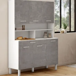 Buffet de cuisine vaisselier effet béton et blanc 120 cm