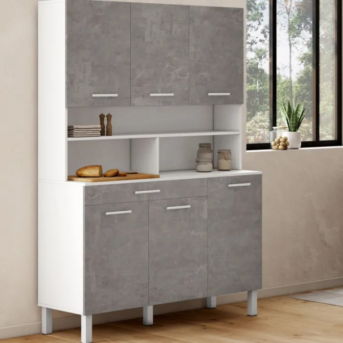 Buffet de cuisine vaisselier effet béton et blanc 120 cm