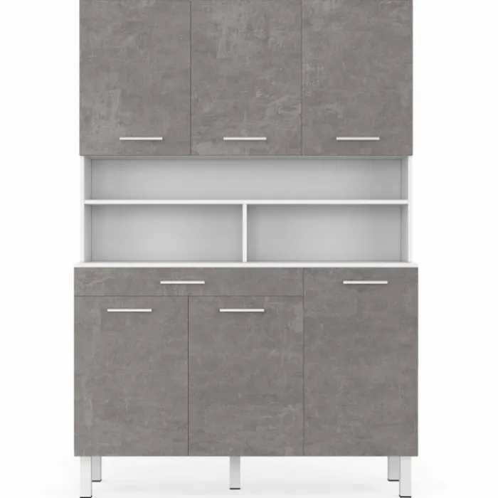 Buffet de cuisine vaisselier effet béton et blanc 120 cm