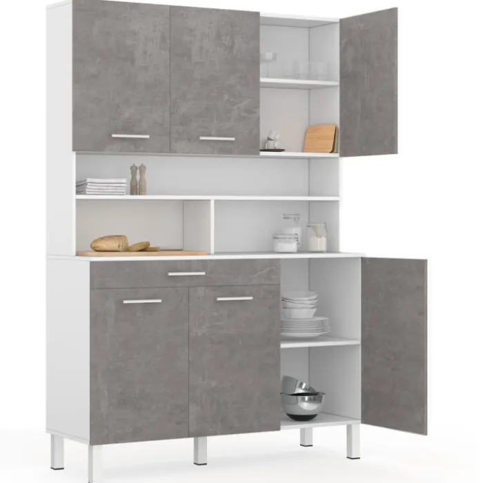 Buffet de cuisine vaisselier effet béton et blanc 120 cm