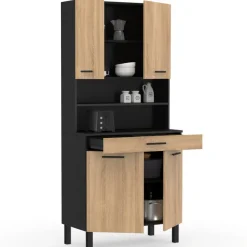 Buffet de cuisine vaisselier noir et bois façon hêtre 80 cm