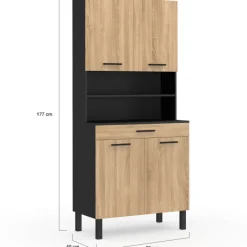 Buffet de cuisine vaisselier noir et bois façon hêtre 80 cm