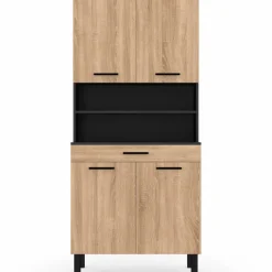 Buffet de cuisine vaisselier noir et bois façon hêtre 80 cm