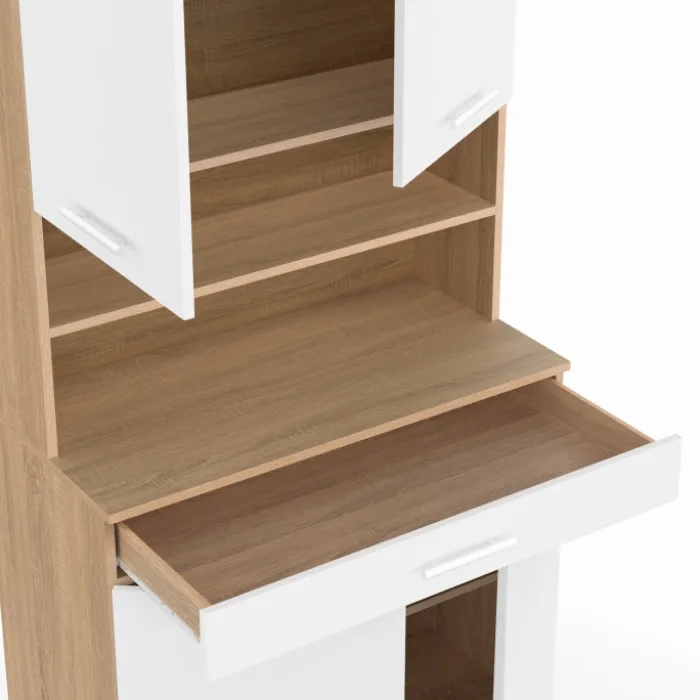 Buffet de cuisine vaisselier blanc et bois façon hêtre 80 cm
