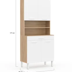 Buffet de cuisine vaisselier blanc et bois façon hêtre 80 cm