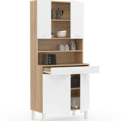 Buffet de cuisine vaisselier blanc et bois façon hêtre 80 cm