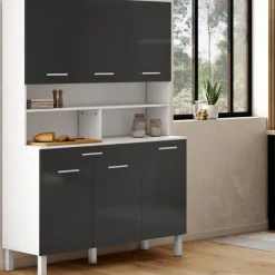 Buffet de cuisine vaisselier gris et blanc 120 cm