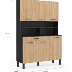 Buffet de cuisine vaisselier noir et bois façon hêtre 120 cm