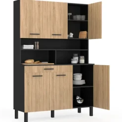 Buffet de cuisine vaisselier noir et bois façon hêtre 120 cm