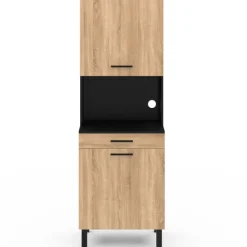 Buffet de cuisine vaisselier noir et bois façon hêtre 60 cm