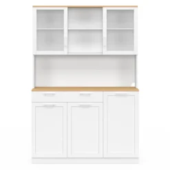 Buffet de cuisine vitré 120 cm 5 portes et 1 tiroir blanc et plateau façon hêtre