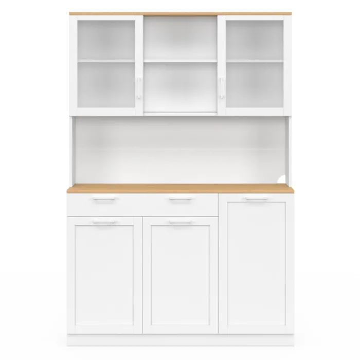 Buffet de cuisine vitré 120 cm 5 portes et 1 tiroir blanc et plateau façon hêtre