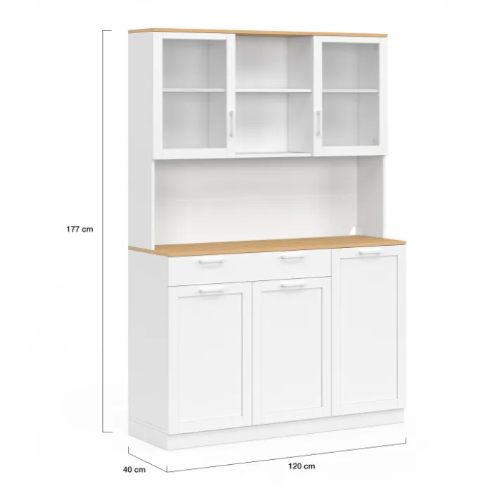 Buffet de cuisine vitré 120 cm 5 portes et 1 tiroir blanc et plateau façon hêtre