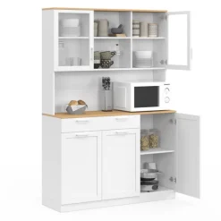 Buffet de cuisine vitré 120 cm 5 portes et 1 tiroir blanc et plateau façon hêtre