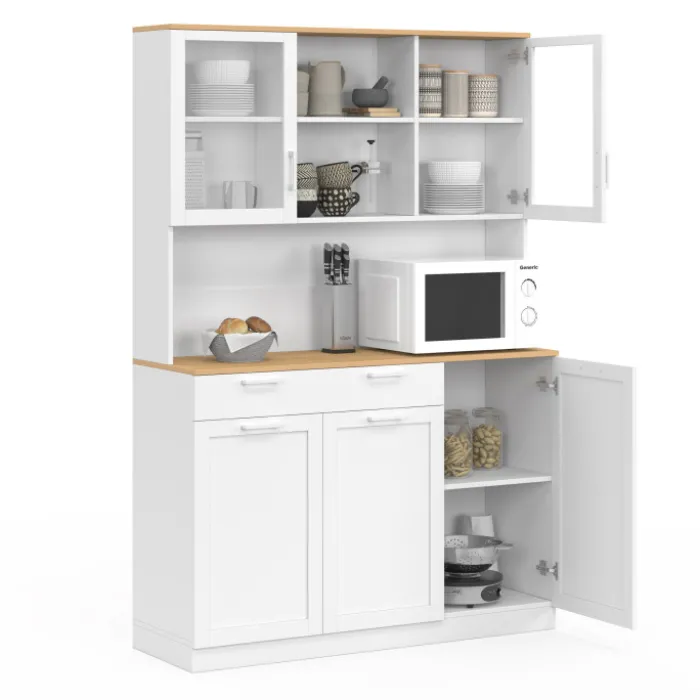 Buffet de cuisine vitré 120 cm 5 portes et 1 tiroir blanc et plateau façon hêtre