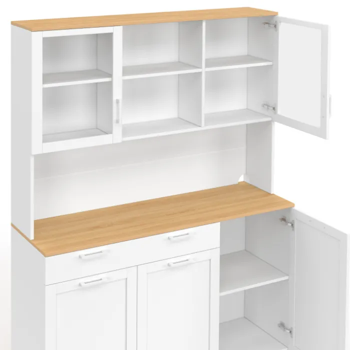 Buffet de cuisine vitré 120 cm 5 portes et 1 tiroir blanc et plateau façon hêtre